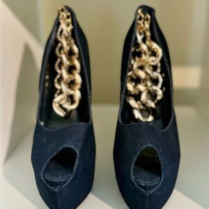 Chic denim Peep-Toe Heels with Gold Chain Detail